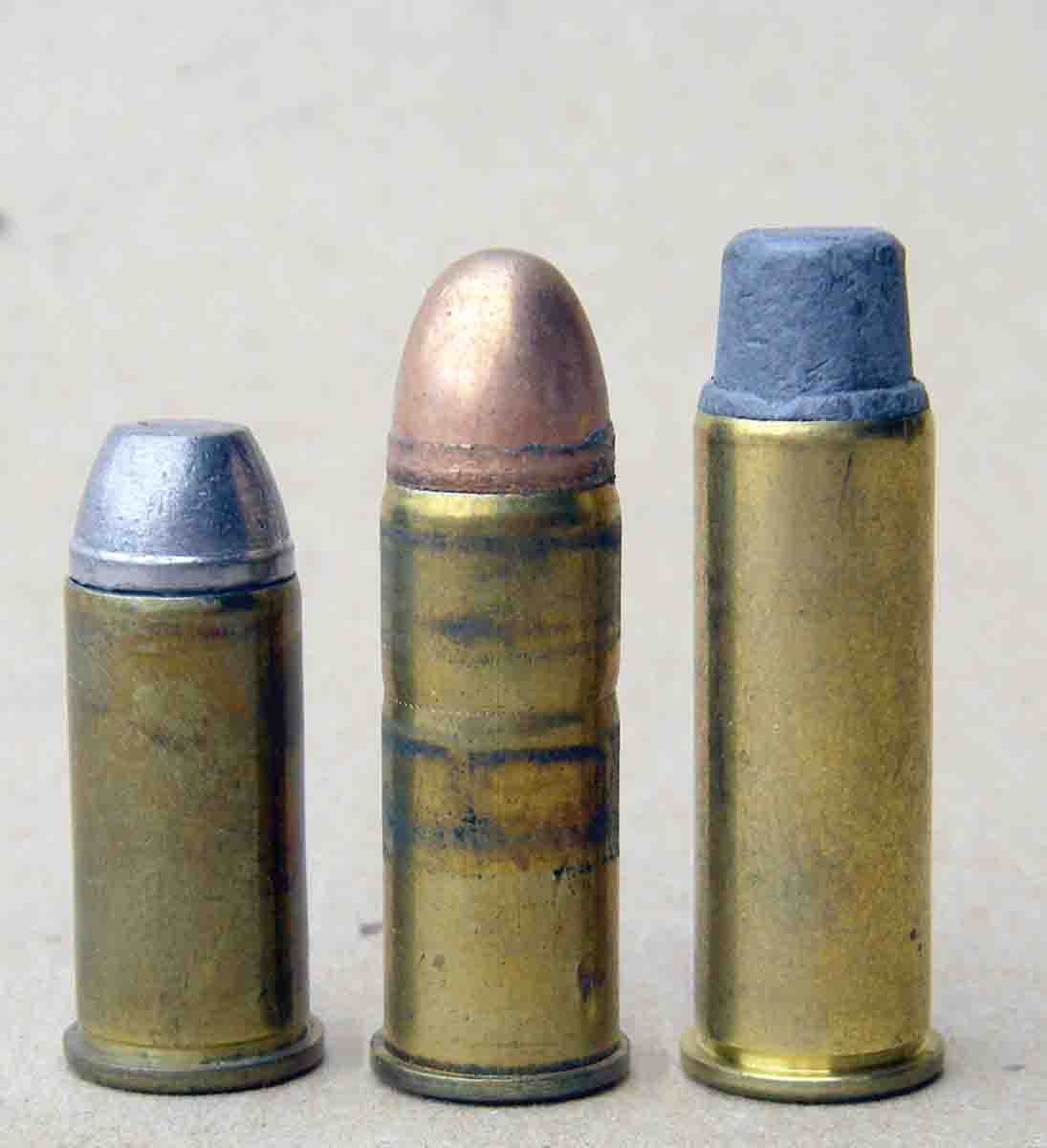 The .44 Special (center) was based on a lengthened .44 Russian cartridge (left), while the .44 Remington Magnum (right) is based on a lengthened .44 Special case.